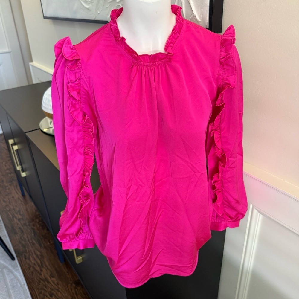 NWOT J.‎ Crew Hot Pink Ruffled Sleeve Blouse